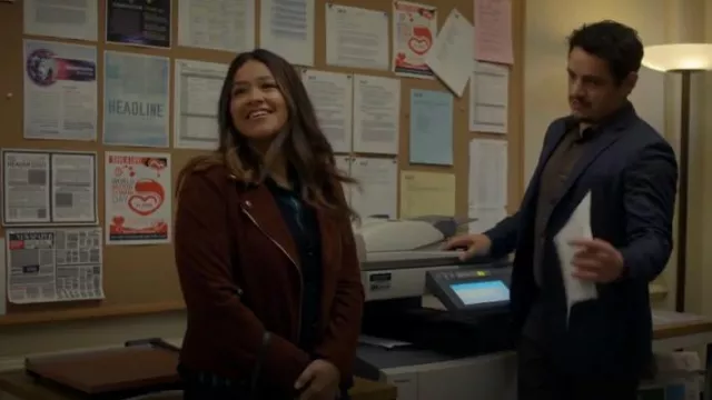 L'Agence Suede Chocolate Fondant Biker Jacket worn by Nell Serrano (Gina Rodriguez) as seen in Not Dead Yet (S02E06)