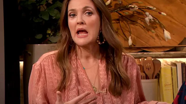 Gucci Monogrammed Necktie Blouse worn by Drew Barrymore as seen in The Drew Barrymore Show on March 18, 2024