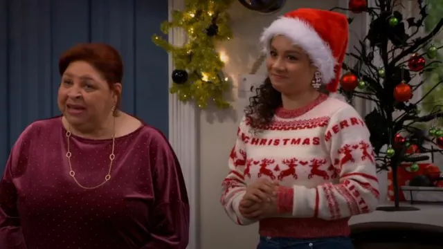 River Island Merry Christmas Sweater In White worn by Hartley (Kayden Muller-janssen) as seen in The Villains of Valley View (S02E19)