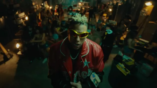 Balenciaga Gold & Red Warped Fennec Sunglasses worn by Ovy On The Drums in GODIVA with Myke Towers, Blessd, Ryan Castro (Official Video)