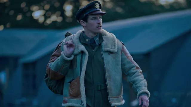 Leather jacket worn by Maj. John 'Bucky' Egan (Callum Turner) as seen in Masters of the Air (S01E05)