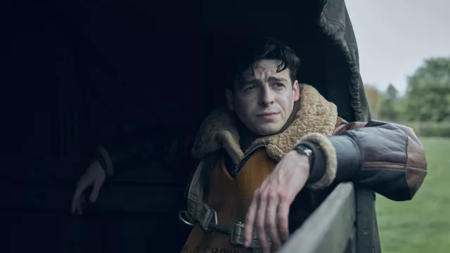 Shearling Aviator Bomber Jacket worn by Major Harry Crosby (Anthony Boyle) as seen in Masters of the Air (Season 1 Episode 1)