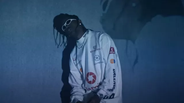 Balenciaga White Top League Long Sleeve T Shirt worn by Travis Scott in Water with Tyla (Remix)(Official Video)