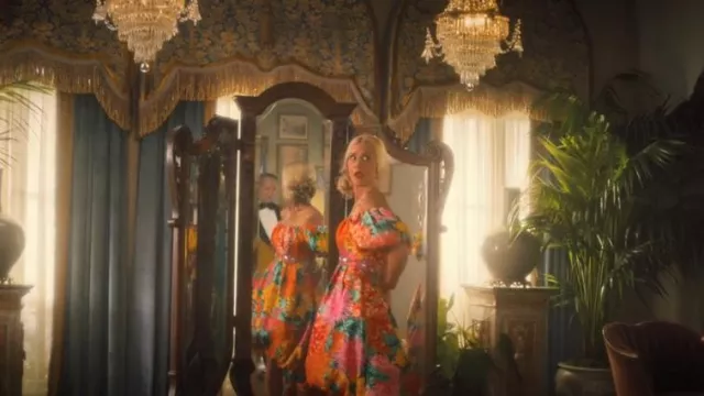 Arnold Scaasi Twill Floral Dress worn by Maxine Simmons (Kristen Wiig) as seen in Palm Royale (S01E04)