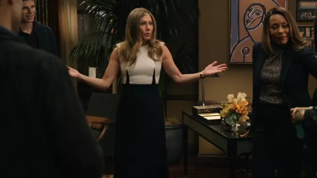 Alexander McQueen Blue Oxbridge Flan­nel Tai­lored Dress worn by Alex Levy (Jennifer Aniston) as seen in The Morning Show (S02E02)