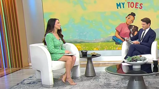 Self Portrait Se­quined Bouclé Minidress worn by Aly Raisman as seen in CBS Mornings on April 1, 2024