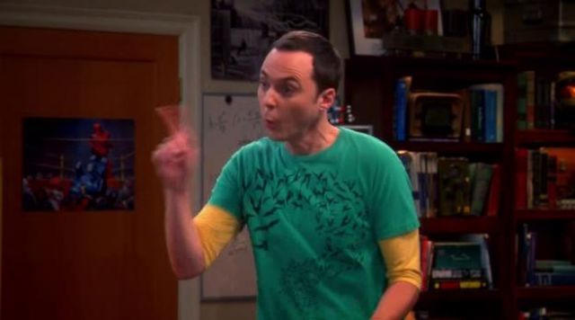 The green t-shirt Batman "the Mystery Man" by Sheldon Cooper (Jim Parsons) in The Big Bang Theory (S01E03)