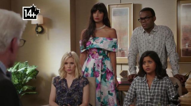 The long dress with flowers ASOS of Ms. Al-Jamil (Jameela Jamil) in The Good Place S01E11