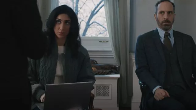 Simkhai Rollins Mixed Media Jacket worn by Annie Leonard (Olivia Khoshatefeh) as seen in Elsbeth (S01E02)