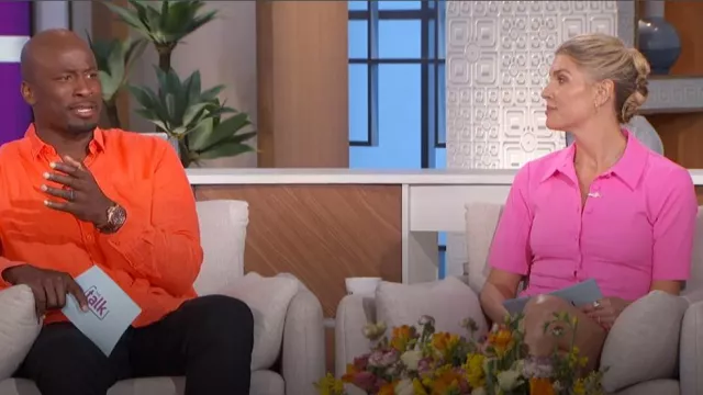 Cinq a Sept Lucilla Dress in Electric Pink worn by Amanda Kloots as seen in The Talk on April 5, 2024