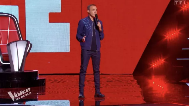 The Seraphin blue suede jacket with swallows worn by Nikos Aliagas on The Voice Les Battles on April 6, 2024