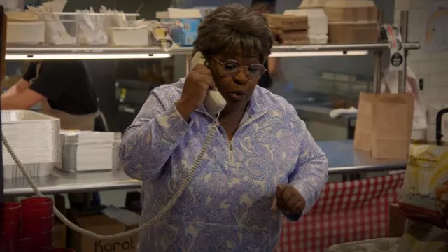 Jones New York Womens Plus Paisley 3/4 Sleeve Pullover Top worn by Auntie Rae (Ellia English) as seen in Curb Your Enthusiasm (S12E10)