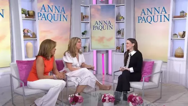 Alice + Olivia Porla Collared Tie Sweater worn by Anna Paquin as seen in Today with Hoda & Jenna on April 5, 2024