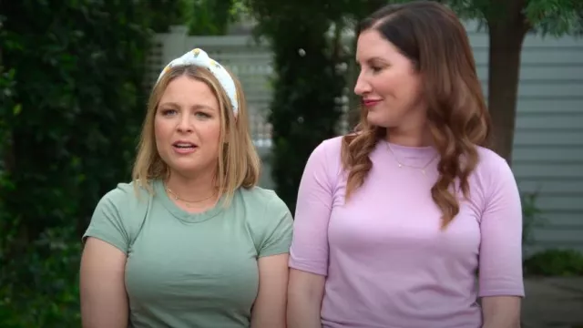 Lele Sadoughi Lemon Embroidered Eyelet Knotted Headband worn by Joanna Teplin as seen in Get Organized with The Home Edit (S02E04)