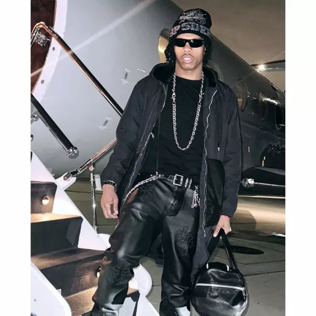 Chrome Hearts Black Leather-Pocket Hooded Coat worn by Lil Baby on the Instagram account @cbfw2040