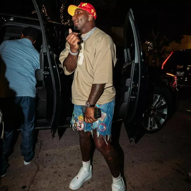 *Better with Age Blue Denim Patches 'Gentlemans' Shorts worn by Deebo Samuel on the Instagram account @1deebosr