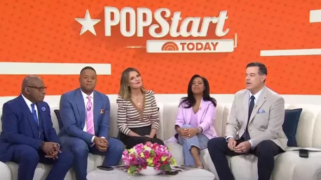 Veronica Beard Delkab Striped Puff-Sleeve Top worn by Savannah Guthrie as seen in Today on April 10, 2024