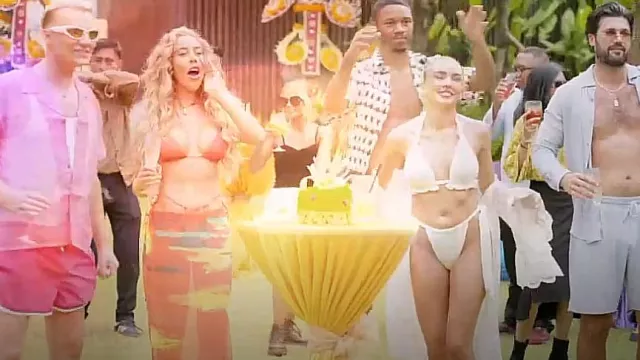 Prettylittlething Red Ombre Sunset Print Triangle Bikini Top worn by Dani Imbert as seen in The Only Way Is Essex (S33E03)