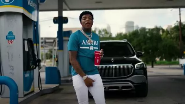 Amiri Teal Blue 'MA Bar' T-Shirt worn by Yungeen Ace in Yungeen Ace - Shots Fired (Official Music Video)