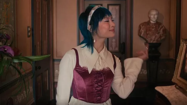 Victoria’s Secret Dream Angels Unlined Lace Up Corset Top worn by Sasha So (Gemma Chua-Tran) as seen in Heartbreak High (S02E03)