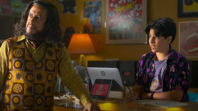 Ragstock Purple Mushroom Land Woven Button Up Shirt worn by Kev Gardner (Niko Ceci) as seen in I Woke Up a Vampire (S02E02)