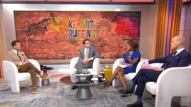 Robe fourreau Calvin Klein Capelet en Regatta portée par Gayle King dans CBS Mornings le 17 avril 2024