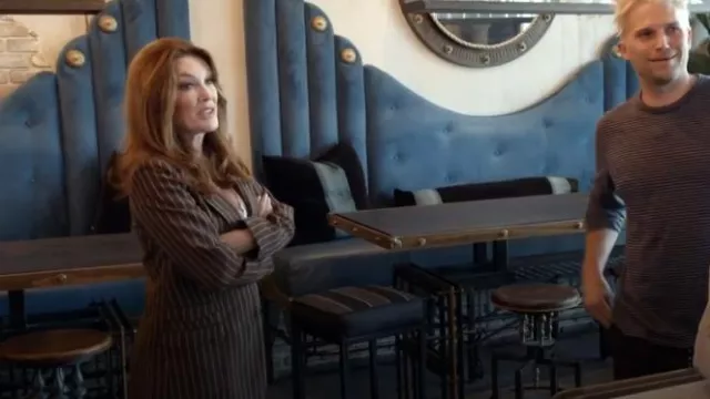 Co Collections Classic Slim Fit Blazer in Linen Brown Stripe worn by Lisa Vanderpump as seen in Vanderpump Rules (S11E12)