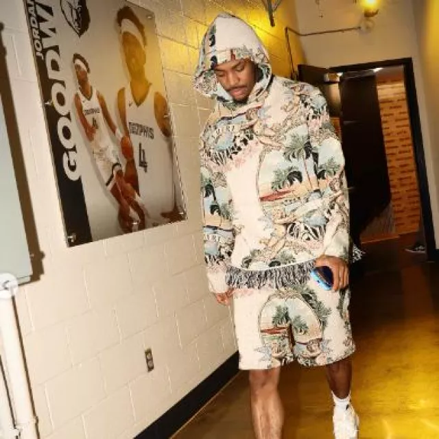 Amiri White Cherub Palm Tapestry Hoodie worn by Temetrius Morant on the Instagram account @memgrizz