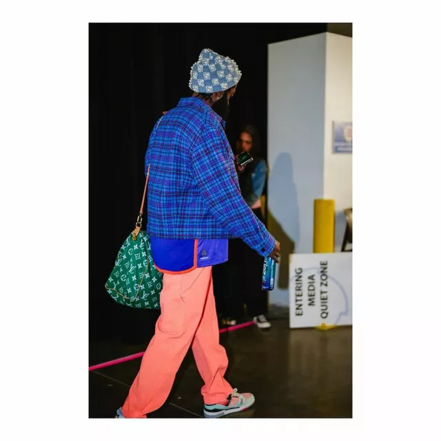 Louis Vuitton Orange & Green Sprayed 'LV Trainer' Sneakers worn by James Harden on the Instagram account @jharden13