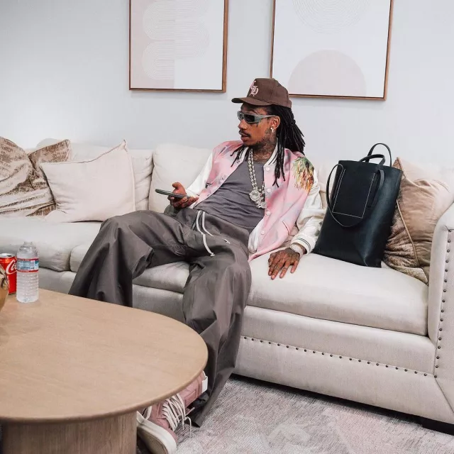 Celine x Alyss Estay Pink Palm Satin Bomber Jacket worn by Wiz Khalifa on the Instagram account @wizkhalifa