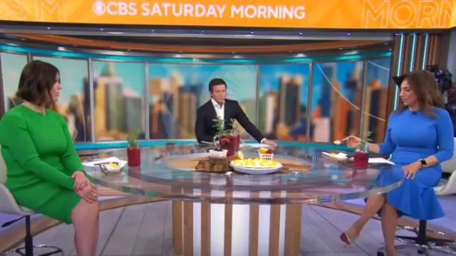 Karen Millen Viscose Blend Rib Knit Belted Midi Dress worn by Dana Jacobson as seen in CBS Saturday Morning on April 21, 2024