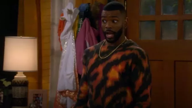 Stussy Tiger Sweater worn by Bernard (Jermelle Simon) as seen in The Upshaws (S05E02)