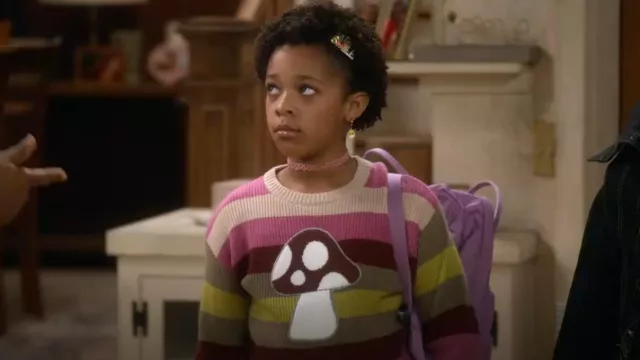 Forever 21 Girls Striped Mushroom Graphic Sweater worn by (Journey Christine) as seen in The Upshaws (S05E05)