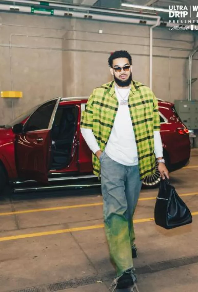 Rick Owens Acid Green Check Magnum Shirt worn by Karl-Anthony Towns on the Instagram account @karltowns