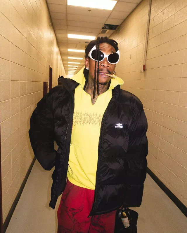 Balenciaga Red Tat Print Baggy Sweatpants worn by Wiz Khalifa on the Instagram account @wizkhalifa