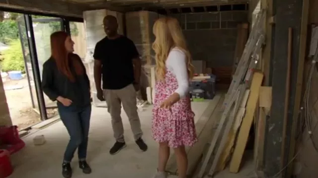 In The Style Stacey Solomon Floral Frill Strappy Mini Dress worn by Stacey Solomon as seen in Stacey Solomon's Renovation Rescue (S01E01)