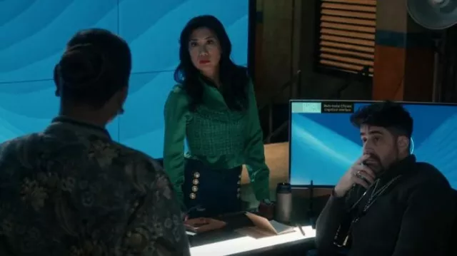 Derek Lam 10 Crosby Robertson Cropped Flared Denim Sailor Trousers worn by Melody 'Mel' Bayani (Liza Lapira) as seen in The Equalizer (S04E06)