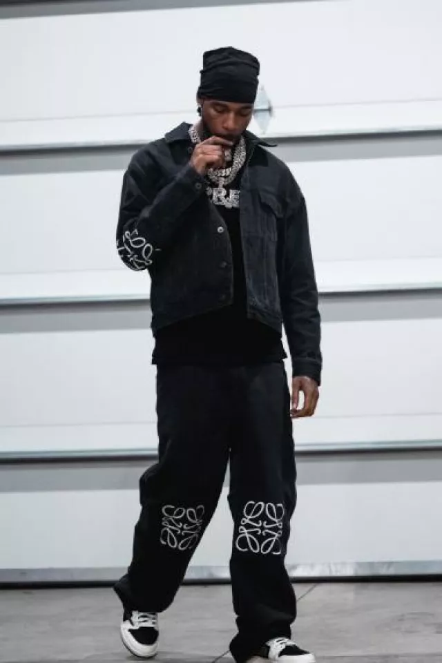 Loewe Black Anagram-Elbow Denim Jacket worn by Key Glock on the Instagram account @keyglock