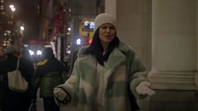 Stand Studio Check-Pattern Single-Breasted Teddy Coat In Mint Off White worn by Ashley as seen in The Girls on the Bus (S01E08)