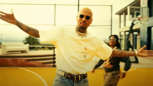 Supreme Hollywood Trading Company White Cow Studded Belt worn by Chris Brown in Skylar Blatt - Wake Up (Official Video) ft. Chris Brown