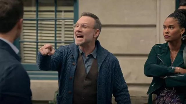 RRL Navy Shawl Collar Cardigan worn by Dr. Dorian Brauer (Christian Slater) as seen in The Spiderwick Chronicles (S01E04)