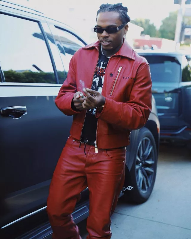 Enfants Riches Deprimes Red Leather Flared Jeans worn by Gunna on the Instagram account @gunna