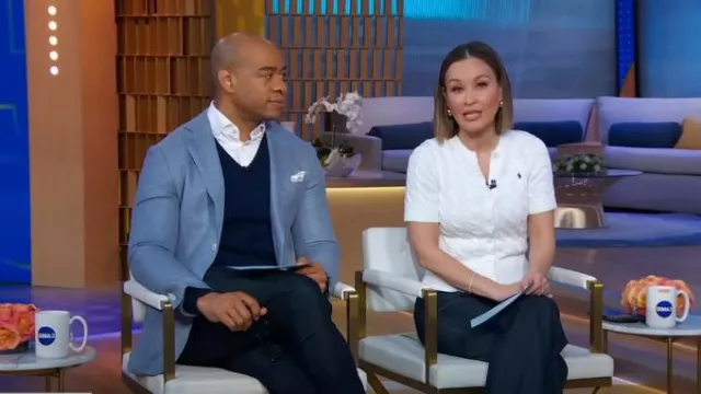 Polo Ralph Lauren Cotton Cable-Knit Short-Sleeve Cardigan worn by Eva Pilgrim as seen in Good Morning America on May 3, 2024