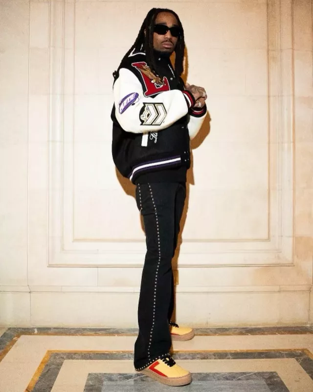 Lanvin x Future Black L-Patch Varsity Jacket worn by Quavo on the Instagram account @quavohuncho