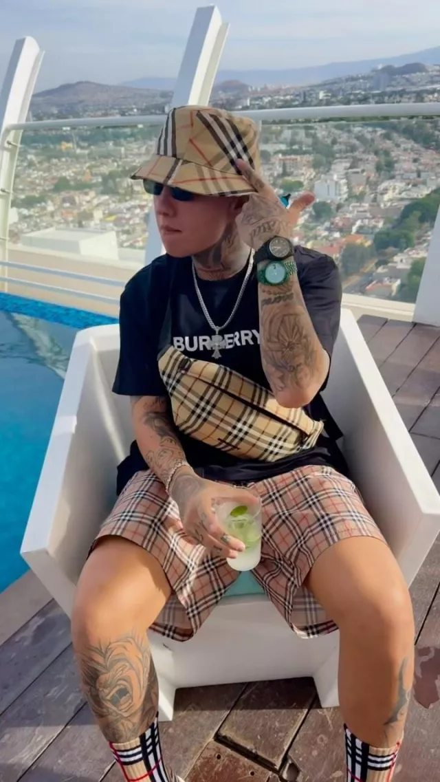 Burberry Beige Vintage Check Swim Shorts worn by Blessd on the Instagram account @blessd