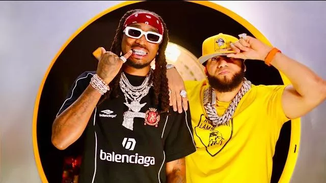 Merch Yellow Big Shield Print T-Shirt worn by El Alfa in El Alfa "El Jefe" x Quavo - Maniguetta (Video Oficial)