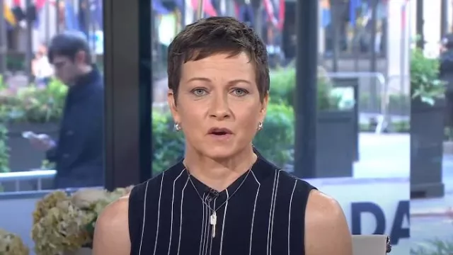 Theory Hankson Striped Shell Tank Top worn by Stephanie Gosk as seen in Today on May 7, 2024