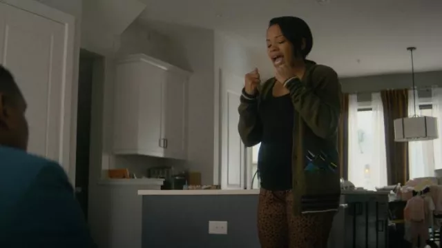 Scotch & Soda Patched-On Artwork V-Neck Cardigan worn by Jill Hensley (Chanté Adams) as seen in A Man in Full (S01E05)