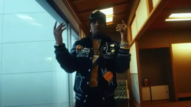 Bape Black Multi Logo Patches Varsity Jacket worn by Ski Mask the Slump God in Ski Mask The Slump God - Headrush (Official Video)