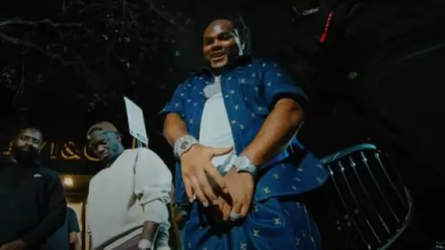 Louis Vuitton Deep Indigo Allover Mini-LV Denim Shorts worn by Tee Grizzley in Tee Grizzley - Swear to God (Feat. Future) [Official Video]